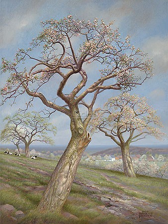 Patrick Creyghton, Maasvallei (Malerei, Natur, Landschaft, Wiese, Baum, Apfelbaum, Apfelbaumblüten, Jahreszeit, Frühling,   Weite, Horizont, naturalistisch, Wohnzimmer, bunt)