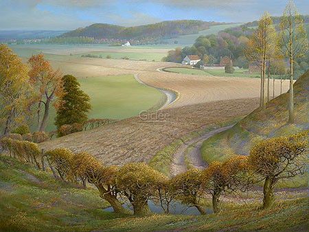 Patrick Creyghton, Jekervallei (Malerei, Natur, Landschaft, Tal, Feldweg, Kornfelder, Weiden, Bäume, Hügel, Einsamkeit, Weite, Sommer, Horizont, naturalistisch, Wohnzimmer, bunt)