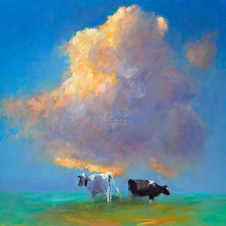 Dinie Boogaart, Cloud and Cows (Malerei, Landschaft, Niederlande, Kühe, Nutztiere, Tiere, Weide, Sommer, Sommerlicht, Himmel, Wolken, impressionistisch, Wohnzimmer, bunt)