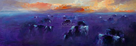 Dinie Boogaart, Cattle in evening light (Malerei, Landschaft, Niederlande, Kühe, Nutztiere, Tiere, Weide, Sommer, Abendlicht, Dämmerung, Himmel, Wolken, impressionistisch, Wohnzimmer, bunt)