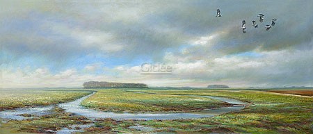 Erik van Ommen, Lapwings (Malerei, Natur, Landschaft, Fkuß, flussschleife, Kiebitze, Flug,  Vögel, naturgetreu, realistisch, Wohnzimmer, Schlafzimmer, bunt)