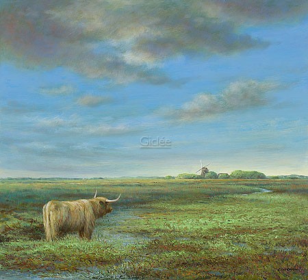 Erik van Ommen, Highland Cattle in Groningen (Malerei, Natur, Tierwelt, Landschaften, Hochlandrind, Einsamkeit, Horizont, Niederlande, naturgetreu, realistisch, Wohnzimmer, Schlafzimmer, bunt)