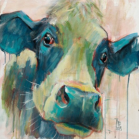 Theo Onnes, Mrs. Cow (Malerei, Tierportrait, Kuh, Nutztier, Tier, Treppenhaus, Wohnzimmer, Tierarztpraxis, bunt)
