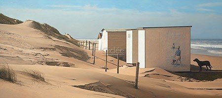 Peter van der Ploeg, Jan Ayeslag, Texel (Malerei, modern, Fotorealismus, Insel, Düne, Sanddüne, Niederlande, Meeresbrise, maritim, Meer, Strandhütten, Strand, Sand, Hund, verlassen, Treppenhaus, Wohnzimmer, bunt)