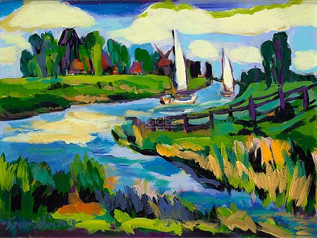 Antje Sonnenschein, Sailboats in Landscape (Malerei, Modern, Landschaft, Flusslandschaft, Kanal,  Natur, Segelboot, Wohnzimmer, Arztpraxis, bunt)