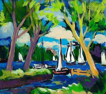 Antje Sonnenschein, White sails on the lake (Malerei, Modern, Landschaft, See, Bäume, Sommer,  Natur, Segelboot, Wohnzimmer, Arztpraxis, bunt)