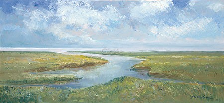 Jan van Loon, Buitendijks II (Malerei,, Landschaftsmalerei, Niederlande, Meeresbrise, Küste, Horizont, Wohnzimmer, Treppenhaus, bunt)