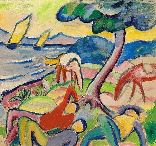 August Macke, Schlafende Reiter. 1910 (Macke,August,1887-1914,Christie's Images Ltd,Öl auf Leinwand,20. Jahrhundert,August Macke,idyllisch,Idylle,ausruhen Rast leuchtende Farben farbenfroh Fauvismus friedlich heiter schlafen Männer Reiter Pferde Küste unter einem Baum,Segelschiffe)