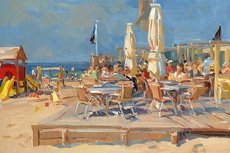 Hans Versfelt, Beach Pavilion (Malerei,Meeresbrise, Strand, Sandstrand, Meer, Urlaub, Sommer, Badeurlaub, Badegäste, Strandcafe, Licht, Schatten, Sonnenlicht, Wohnzimmer ,Arztpraxis, bunt)