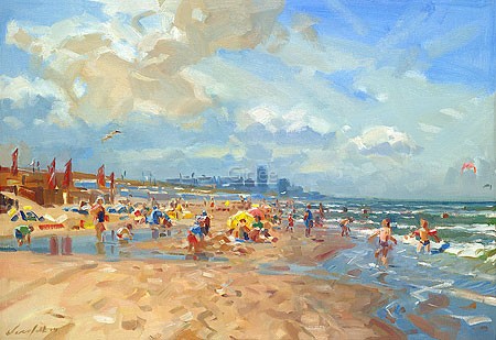 Hans Versfelt, Zandvoort (Malerei,Meeresbrise, Strand, Sandstrand, Niederlande, Meer, Urlaub, Sommer, Badeurlaub, Badegäste, Licht, Horizont, Sonnenlicht, Wohnzimmer, Arztpraxis, bunt)