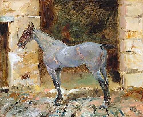 Henri de Toulouse-Lautrec, Angebundenes Pferd (Cheval attaché). Ca. 1881 (Toulouse-Lautrec,Henri de,1864-1901,Christie's Images Ltd,Öl auf Leinwand,19. Jahrhundert,Tiere,Henri De Toulouse-Lautrec,1881,Tier,Pferd,von der Seite,Bauernhof,Seil,Stall,angebunden,grau,beige)