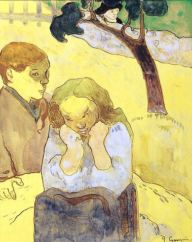 Paul Gauguin, Das menschliche Leid / Les misères humaines. 1889 (Die Schlussplatte für die sogenannte 'Volpini'-Suite, gedruckt bei Edouard Ancart und herausgegeben von Gauguin selbst.) (19. Jahrhundert,Zinkografie,Aquarell,Gauguin,Paul,1848-1903,20. Jahrhundert,Christie's Images Ltd,Paul Gauguin,1889,Junge,Mädchen,draußen,Elend,Leid,nachdenklich,gelb,Baum,sitzen,aufgestützter Kopf,auf den Ellenbogen aufgestützt,Volpini)