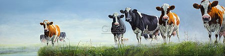 Geke Hoogstins, Motley Bunch (Malerei, Natur, Landschaft,  Kühe, schwarz-weiße Kühe, braun-weiße Kühe, buner Haufen Treppenhaus, Wohnzimmer, bunt)