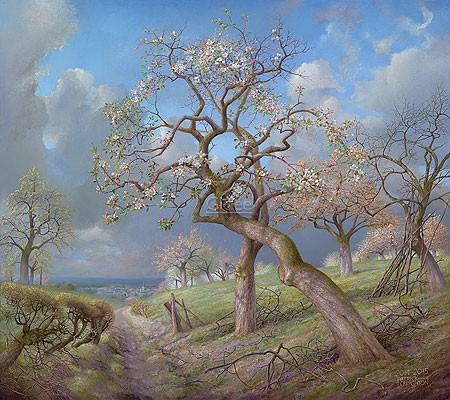 Patrick Creyghton, Blooming apple trees near the Meuse valley (Malerei, Natur, Landschaft, Wiese, Baum, Apfelbaum, Apfelbaumblüten, Jahreszeit, Frühling,  Obstbäume, Hohlweg, naturalistisch, Wohnzimmer, bunt)