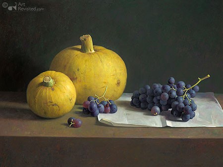 Henk Helmantel, Still life with grapes and pumpkins (Malerei, Stillleben, Tisch, Trauben, Kürbisse, Herbst, Esszimmer, Küche, Wohnzimmer, bunt)