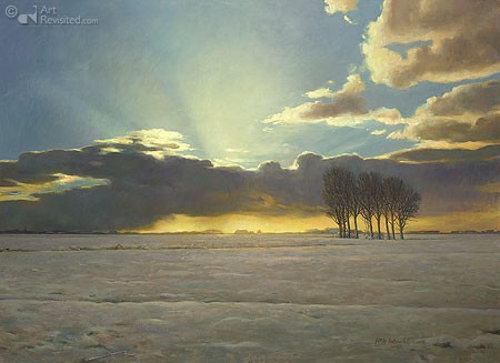 Henk Helmantel, Sunrise, Westeremden (Malerei, Landschaftsmalerei, Landschaften, Sonnenaufgang, Niederlande, Morgendunst, Wolken, Sonnenstrahlen, Stille, Schlafzimmer, bunt)