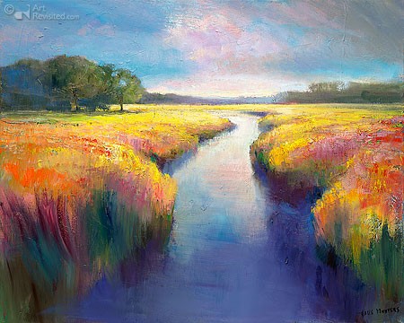 Hans Musters, Drentsche Aa (Malerei, Landschaftsmalerei, Landschaften, modern, Niederlande, Ebene, Fluss, Gracht, Kanal, Blütenpracht, Wohnzimmer, Arztpraxis, leuchtend bunt)