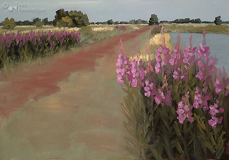 Dick Bakker, Fireweed at Brandemeer (Malerei, Landschaft, Niederlande, Teich, Frühling, Blumen, violette Blüten,  Einsamkeit, Wohnzimmer, Treppenhaus, bunt)