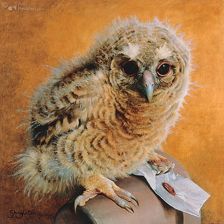 Anne Shingleton, Tawny owl chick (Malerei, Raubvogel, Kauz, Vogel, Küken, niedlich, flauschig, Treppenhaus, goldbraun)