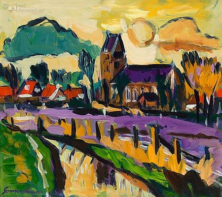 Antje Sonnenschein, Ameland, kerk Hollum (Malerei, Modern, Landschaft, Dorf, Niederlande, Kirche, Idylle, Wohnzimmer, Arztpraxis, bunt)