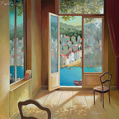 Michiel Schrijver, Daily desire (Malerei, modern, Interieur, Terrassentür, Ausblick, Stadt, Architektur, Häuser, Landschaft, Sommer, Treppenhaus, Schlafzimmer,  Wohnzimmer, bunt)