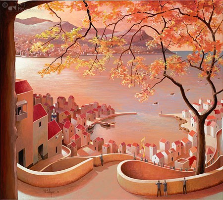 Michiel Schrijver, In between two worlds (Malerei, modern, Meeresbrise, Stadt, Architektur, Stadtansicht, Häuser, Baum, Herbst, Landschaft, Sonnenuntergang, metaphysisch, Wohnzimmer, bunt)