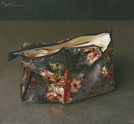 Rein Pol, Grandma's toilet bag (Malerei, Kulturbeutel, Omas Kulturtasche, Blümchenmuster, Badezimmer, grau / bunt)