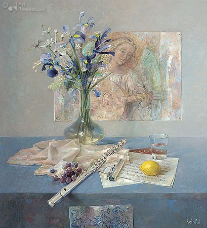 Rein Pol, Still Life with flute (Malerei, Stillleben, Vase, Blumen, Iris, Flöte, Noten, Laute spielender Engel,  Glasvase, Treppenhaus, Schlafzimmer, bunt)