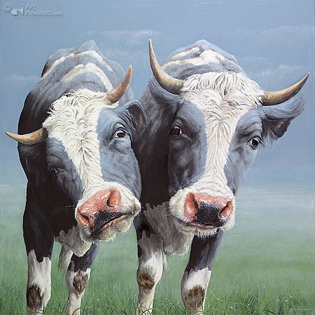 Geke Hoogstins, 2 curious (Malerei, Natur, Tierportrait, schwarz-weiße Kühe, Neugier,  Treppenhaus, Wohnzimmer, bunt)
