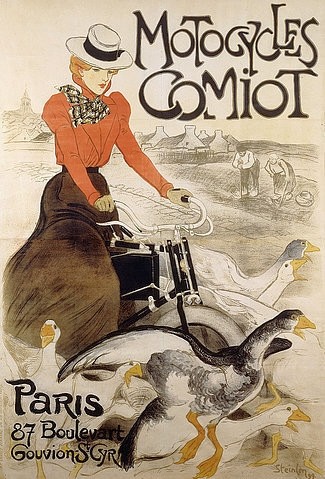 Théophile-Alexandre Steinlen, Werbeplakat für 'Motorcycles Comiot'. Gedruckt bei Charles Verneau, Paris. 1899 (Art Nouveau, Jugendstil, Werbung, Poster, Plakat,  Motorrad, französisch, Comiot, Gans,Gänse, flattern, Wohnzimmer, Treppenhaus, Wunschgröße, bunt)