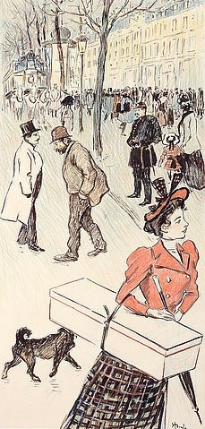 Théophile-Alexandre Steinlen, Straßenszene. Eine von zwanzig Illustrationen für 'Autour Trottoir'. (Art Nouveau, Jugendstil, Menschen, Spaziergänger, Eile, modisch, Gespräch, Straßenszene, Stadt, Hündchen, Wohnzimmer, Treppenhaus, Wunschgröße, bunt)