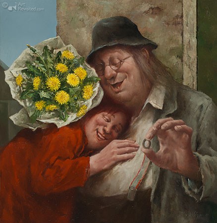 Marius van Dokkum, Recht uit het hart (Malerei, Karikatur, Paar, Verlobung, Umarmung, Liebe, Zuneigung, Liebesbeweis, Blumenstrauss, komisch, witzig, herzlich, Treppenhaus, Wohnzimmer, Standesamt, bunt)