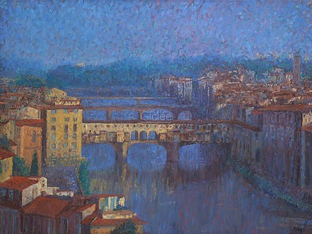 Annemiek Vos, Ponte Vecchio, Florence (Stadt, Italien, Florenz, Brücke, Wahrzeichen, Architektur, Renaissance, Fluss, Arno, Malerei, zeitgenössisch, Wohnzimmer, Schlafzimmer, bunt)