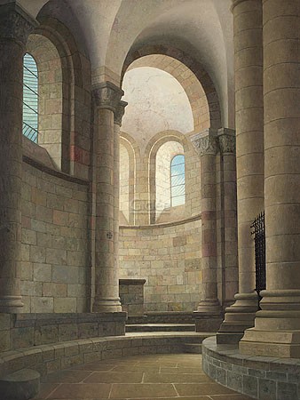 Henk Helmantel, The choir of the church at Conques, France (Malerei, Architektur, Benediktiner Kloster,  Kirche, Kloster, Kreuzgang, romanisch, Frankreich, Südfrankreich, Weltkulturerbe, Jakobsweg, Treppenhaus, Wohnzimmer, Schlafzimmer, bunt)