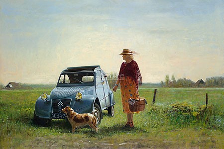 Martin Sijbesma, 2 CV, 1956 (Citroen, Ente, Auto, Frau, Hund, Picnickorb, Sommer, Oldtimer, Fotorealismus, Nostalgie, Treppenhaus, Wohnzimmer, bunt)