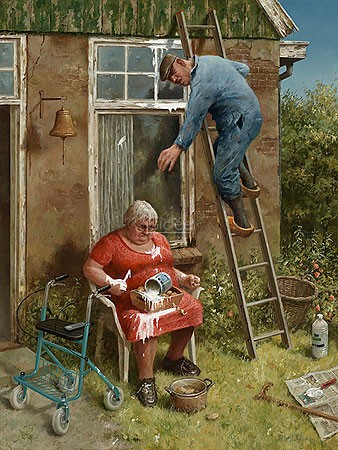 Marius van Dokkum, Do it yourselfer (Malerei, Karikatur, Heimarbeiter, Malleur, Farbtopf, Missgeschick,  lustig,  komisch, Treppenhaus, Wohnzimmer, bunt)