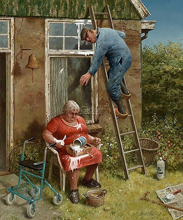 Marius van Dokkum, Do it yourselfer (Malerei, Karikatur, Heimarbeiter, Malleur, Farbtopf, Missgeschick,  lustig,  komisch, Treppenhaus, Wohnzimmer, bunt)