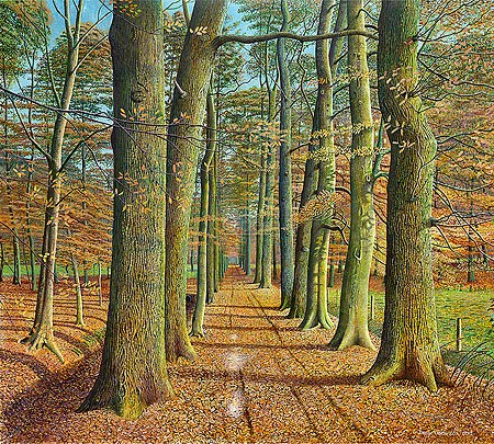 Drago Pecenica, Autumn Lane (Malerei, Natur, Landschaft, Bäume, Allee, Straße, Herbst, Jahreszeit,  Blätter, Einsamkeit, Wohnzimmer, Treppenhaus,  bunt)