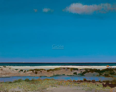 Ton Dubbeldam, In de verte (Malerei, Strand, Meer, Horizont, Düne, Meeresbrise, modern,   maritim, Wohnzimmer, Treppenhaus, Arztpraxis, bunt)