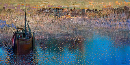 Ton Dubbeldam, Awakening (Malerei, Küste, Meer, Boot, Segelboot, Sonnenaufgang, Meeresbrise, modern, maritim, Wohnzimmer, Treppenhaus, Arztpraxis, bunt)