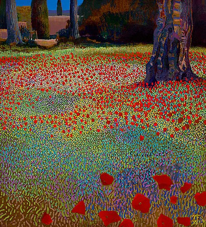 Ton Dubbeldam, Le jardin de l'éternité (Landschaft, Garten, Mohnblumen, Sommer, pointilistisch, Malerei, modern, Wohnzimmer, Treppenhaus,  bunt)