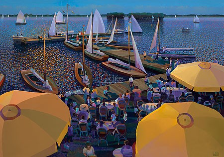 Ton Dubbeldam, Summer night (Malerei, See, Boote, Sommerabend, Strandcafe,Urlaub, modern, maritim, Wohnzimmer, Treppenhaus, bunt)