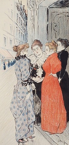 Théophile-Alexandre Steinlen, Frauen unterhalten sich auf der Straße. Eine von zwanzig Illustrationen für 'Autour Trottoir'. (Art Nouveau, Jugendstil, Frauen, Tratsch, modisch, Gespräch, Straßenszene, Stadt Unterhaltung, Hündchen, Wohnzimmer, Treppenhaus, Wunschgröße, bunt)