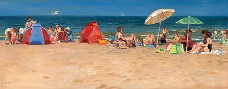 Hans Versfelt, Beach on summer day (Malerei, Meeresbrise, Strand, Sandstrand, Niederlande, Meer, Urlaub, Sommer, Badeurlaub, Badegäste, Horizont, Sonnenlicht, Wohnzimmer, Arztpraxis, bunt)