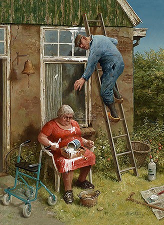 Marius van Dokkum, Do it yourselfer (Malerei, Karikatur, Heimarbeiter, Malleur, Farbtopf, Missgeschick,  lustig,  komisch, Treppenhaus, Wohnzimmer, bunt)