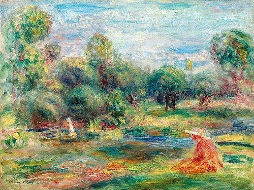 Pierre-Auguste Renoir, Landschaft bei Cagnes. 1907-1908. (Landschaft, Landschaftsmalerei, Natur, Idylle,  Frankreich, Sommer, sitzende Person, Entspannung, Impressionismus, klassische Moderne, Wunschgröße, Wohnzimmer, Malerei)