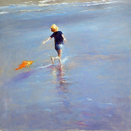 Dinie Boogaart, Dancing along the sea shore (Malerei, Meerebrise,  Kind, Junge, Spiel, Strand, Spaß, Meer, Wasser, Sommer, impressionistisch, Wohnzimmer, Arztpraxis, bunt)