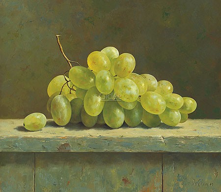 Marius van Dokkum, Green grapes (Stillleben, Trauben, Früchte, Rebe, naturalisitisch, Malerei, Esszimmer, Treppenhaus, Küche, Wohnzimmer, grün/bunt)