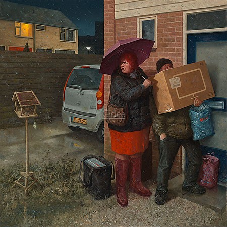 Marius van Dokkum, Key Search (Malerei, Karikatur, Schlüsselsuche, Haustür, Einkäufe, Regen lustig,  komisch, Treppenhaus, Wohnzimmer, bunt)