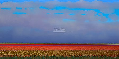 Ton Dubbeldam, Red tulipfields (Landschaft, Tulpenfeld, Horizont, Sommer, Malerei, modern, Wohnzimmer, Treppenhaus,  bunt)